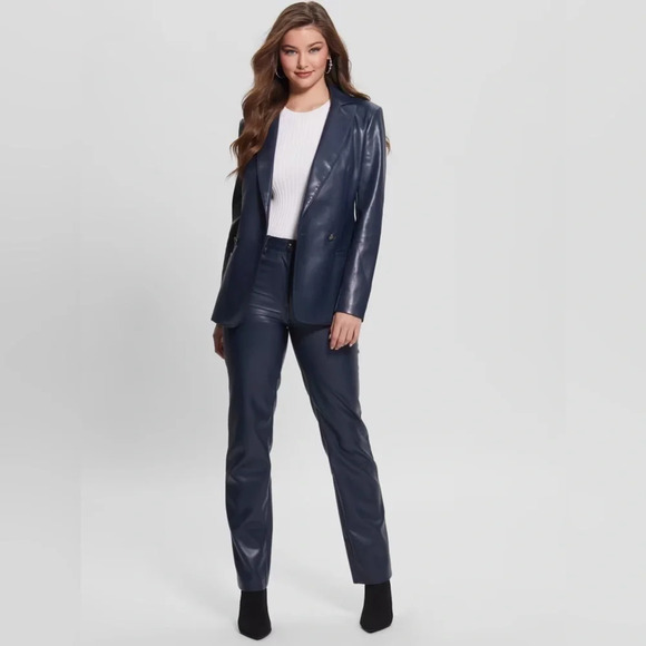 Guess Blackened Blue Kelly Straight Faux Leather Pants 27x29 NWT - Picture 1 of 15